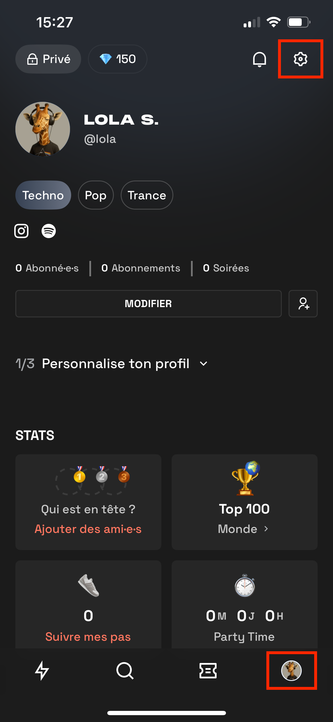 As configurações do perfil no aplicativo Shotgun