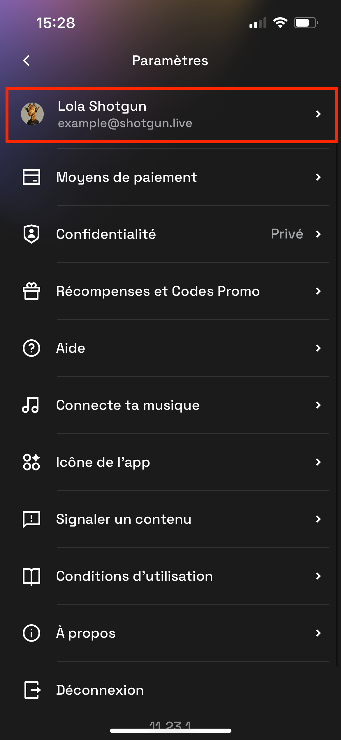 A tela do perfil com o nome e o e-mail exibidos